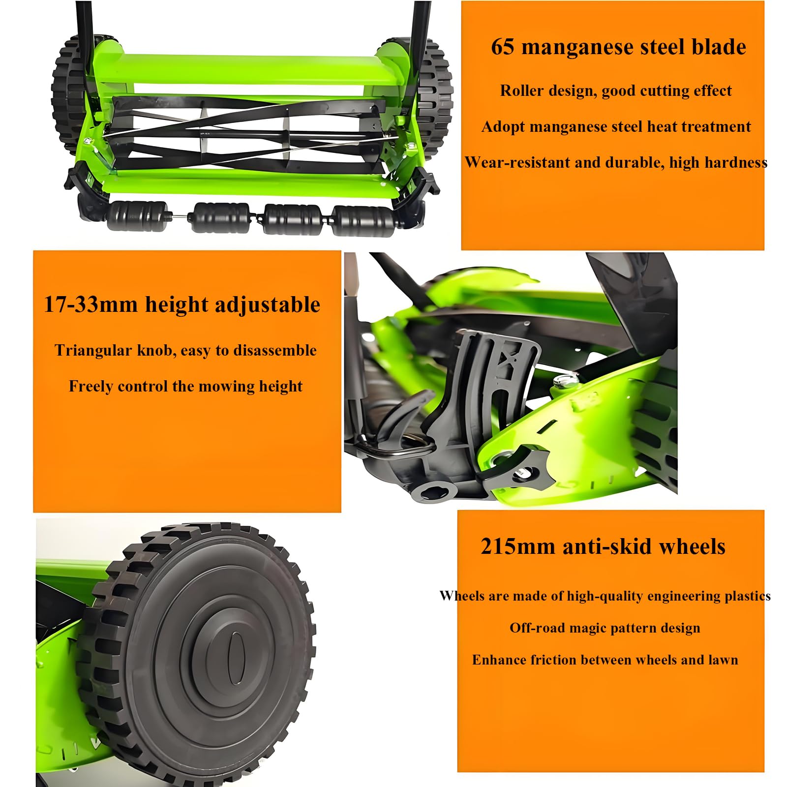 Cortacésped manual con altura de corte ajustable y bolsa de recogida, ideal para el cuidado del césped ecológico