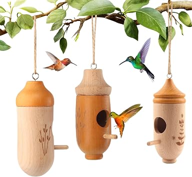3 Packs Hummingbird House, Natural Wooden Hummingbird Houses for Outside Hanging, Humming Bird Nest Swinging, Gardening Gifts for Home Decoration, Bird Lovers