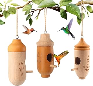 Hummingbird House, Natural Wooden Hummingbird House for Outside, Wooden Small Bird House with Hanging Ropes, Gardening Gifts Home Decoration for Bird Lovers(3 Pack)