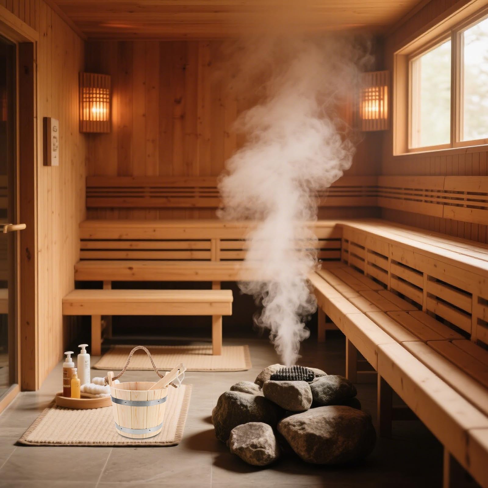 ifundom Akcesoriów Do Sauny z Drewnianym Wiadrem i Łyżką Do Odporne Wysoką Temperaturę i Podlewania Roślin Kompletna Funkcjonalność Relaksu Spa