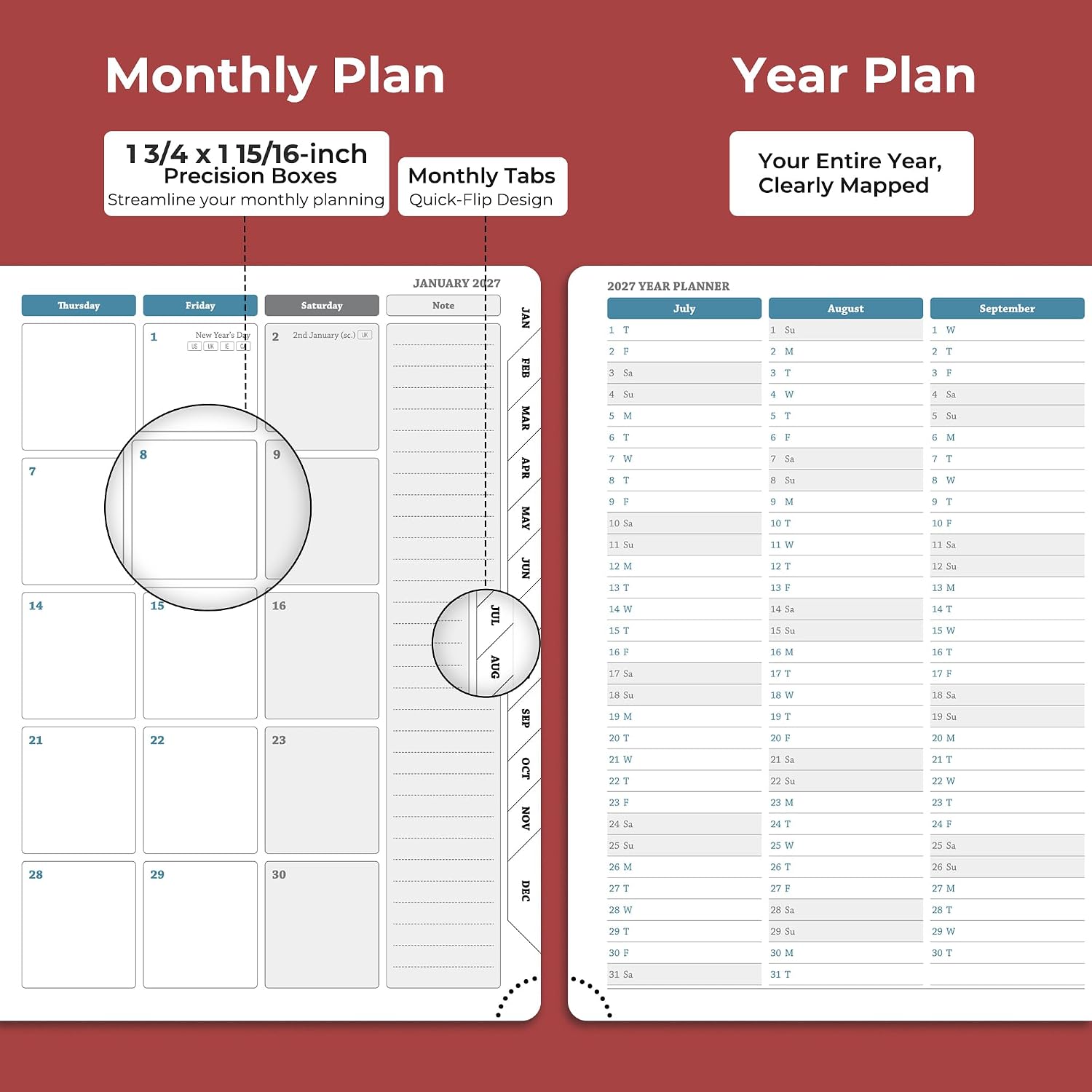 Weekly Monthly 2026-2027 Planner (July 26-Dec 27),11.5"x8.5",18 Months Agenda Plan with Month Tabs & Pocket,Expenses/Note Pages, Academic Calendar with Vegan Leather Cover,Red