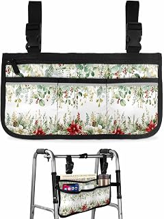 Christmas Walker Basket Accessories Poinsettia Flower Wheelchair Bag with Cup Holder for Folding Walker-Water Resistant Home Decor Green Eucalyptus Leaves Seniors Tray Pouch