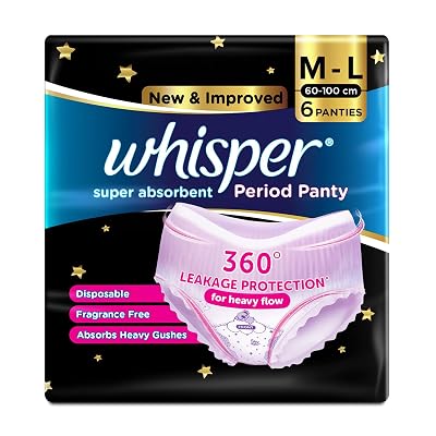 Whisper Super Absorbent Period Panty, 6 M-L Pants, 360 Degree Leakage Protection for Heavy Flow, Panty like Fit for Full