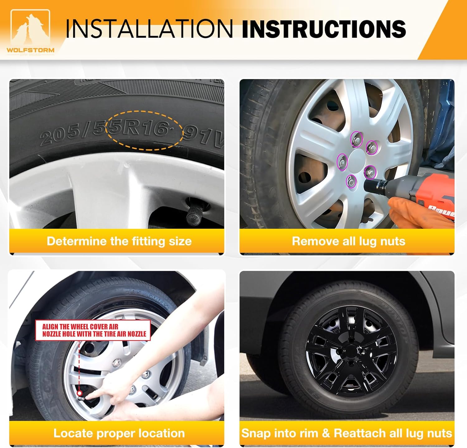 WOLFSTORM 16" Black Lacquer Hubcaps for Ni-ssan Sentra 2007-2012, Bolt-On Design Set of 4 Wheel Rim Covers Compatible with Steel Wheels, PP Hubcaps, 16 Inch Lacquer Lacquer 4-Pack