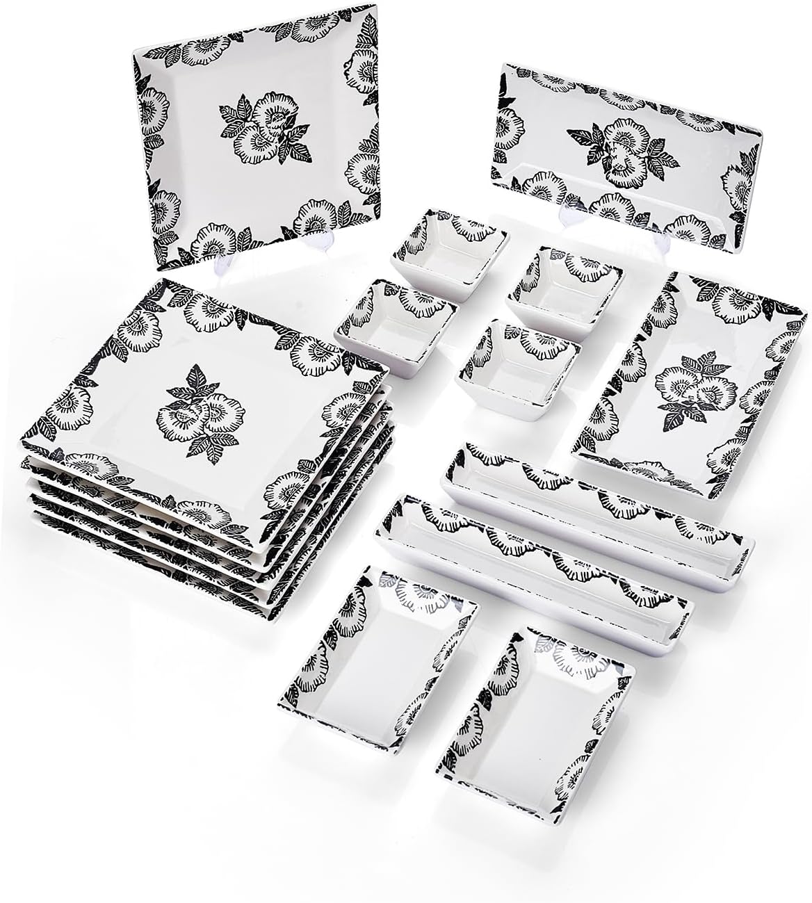 Breakfast Set 16 Piece Ceramic Black Rose Design for 6 People Handmade Serving Plates Modern Style BPA Free - Black, One Size