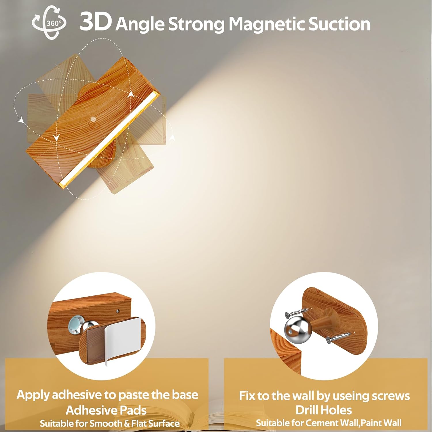 LABOREDUCER LED Wall Lights 2 Pack with Remote,Wall Sconces Lamp 3000mAh Rechargeable Battery Operated,3 Color Temperatures & 12 RGB Dimmable Magnetic 360° Rotation Cordless Light (Wood)