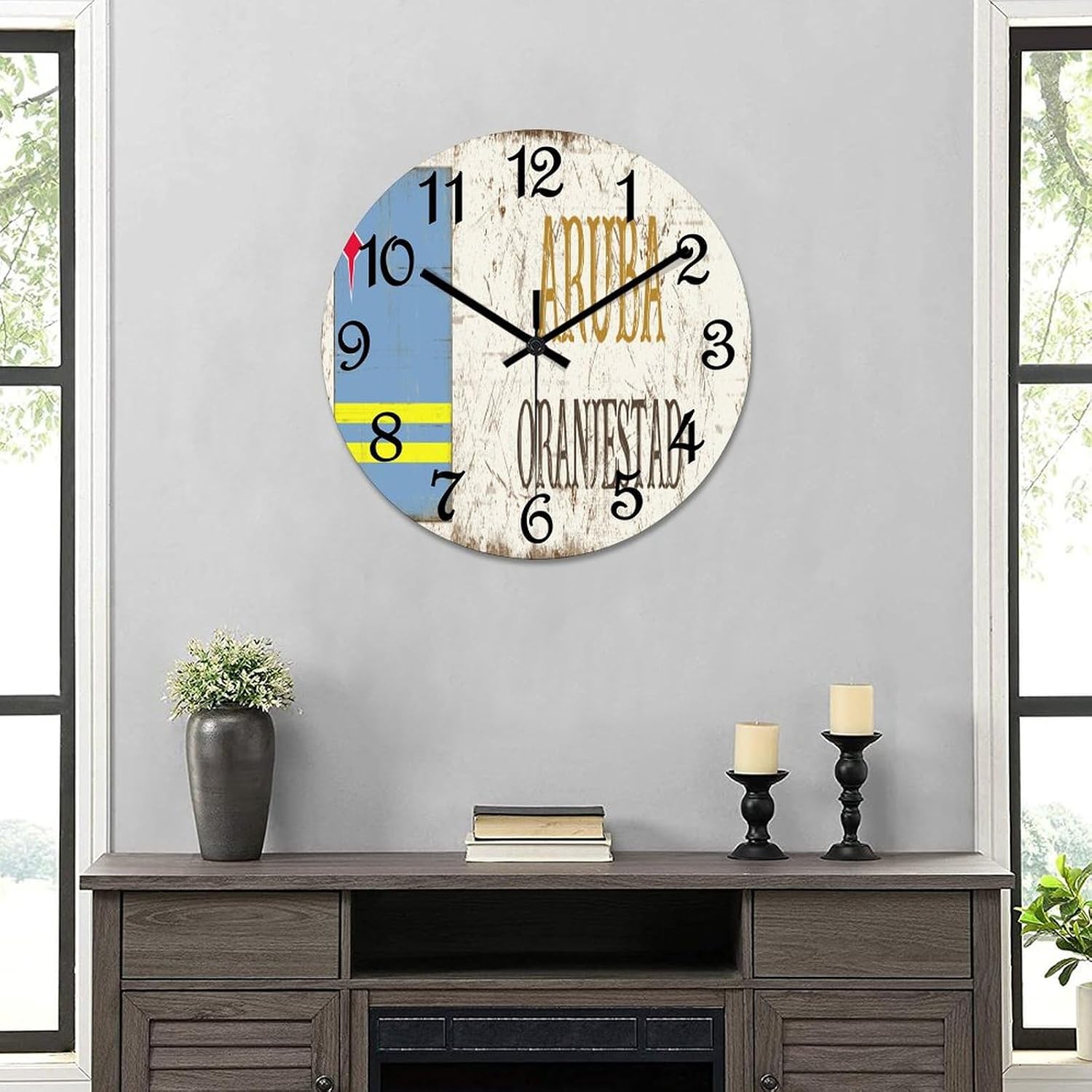 Aruba Oranjestad Wall Clock Aruba National Flag Operated Silent Non-Ticking PVC Clock 15x15 Inch for Home Kitchen Bathroom Bedroom Living Room Decor