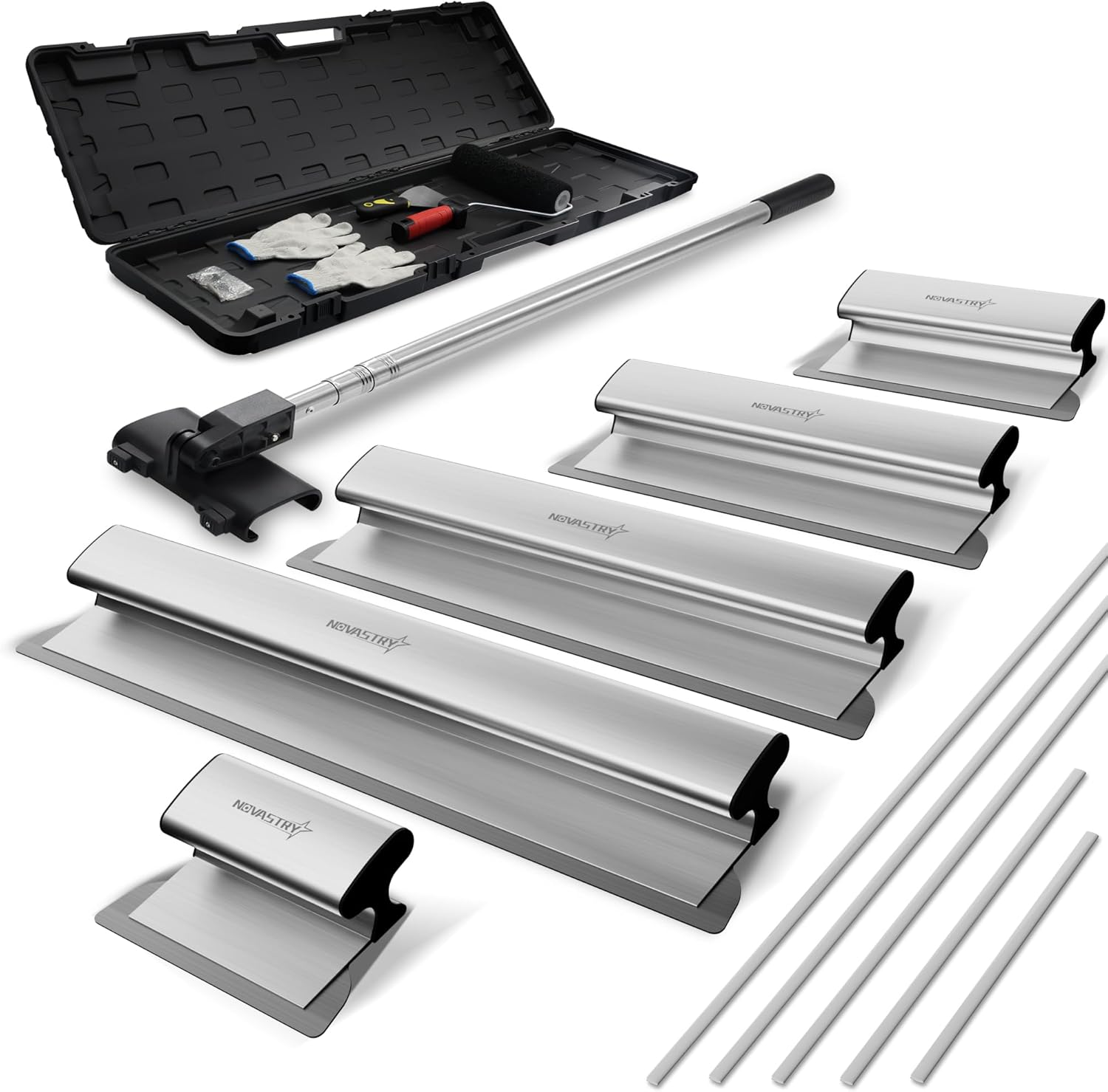5-Piece Drywall Skimming Blade Kit, 12" 16" 24" 32" 40" Stainless Steel Finishing Tools with Extendable Handle and Carry Case