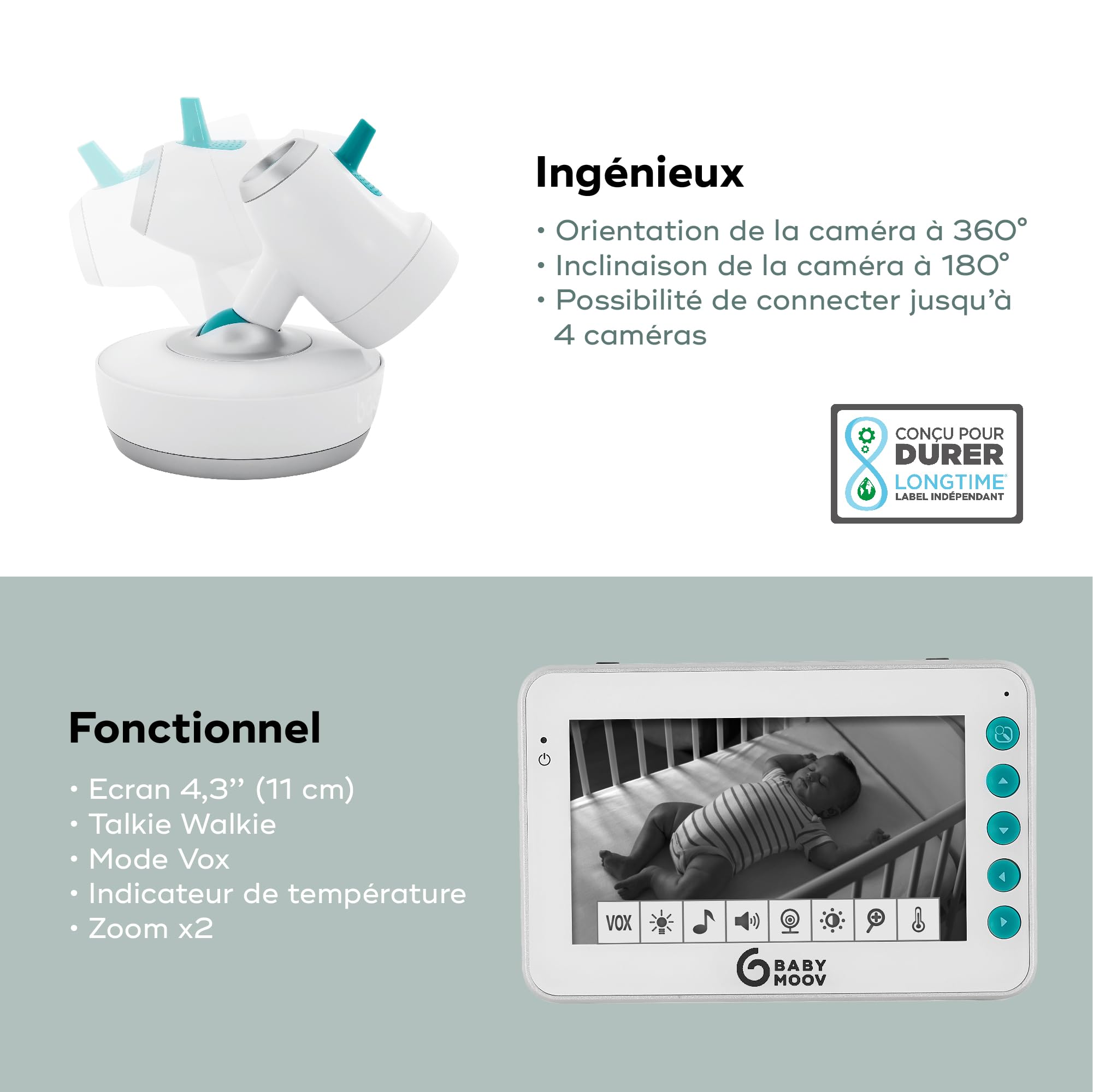 Babymoov Babyphone Vidéo Yoo Moov, Motorisé, Vue à 360°, Portée 300m, Grand Ecran 4,3'', Capteur de température + Son Chargeur Secteur USB, Mural, Port Universel
