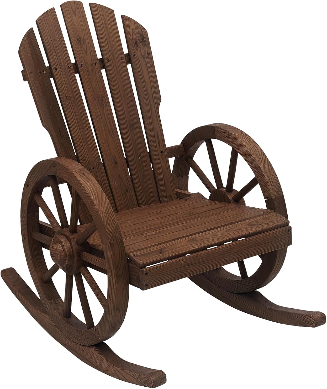 Outsunny Wooden Rocking Chair, Adirondack Rocker Chair w/Slatted Design and Oversized Back, Outdoor Rocking Chair with Wagon Wheel Armrest for Porch, Poolside, and Garden, Carbonized