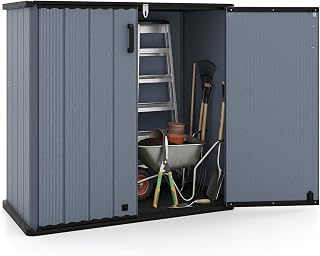 Costway Outdoor Storage Shed, 665L All-Weather Storage Box w/Floor, Lockable Door and Grooved Roof, Waterproof Horizontal Garden Too Shed, Workshop House Shelter for Backyard, Patio, Poolside (Grey)