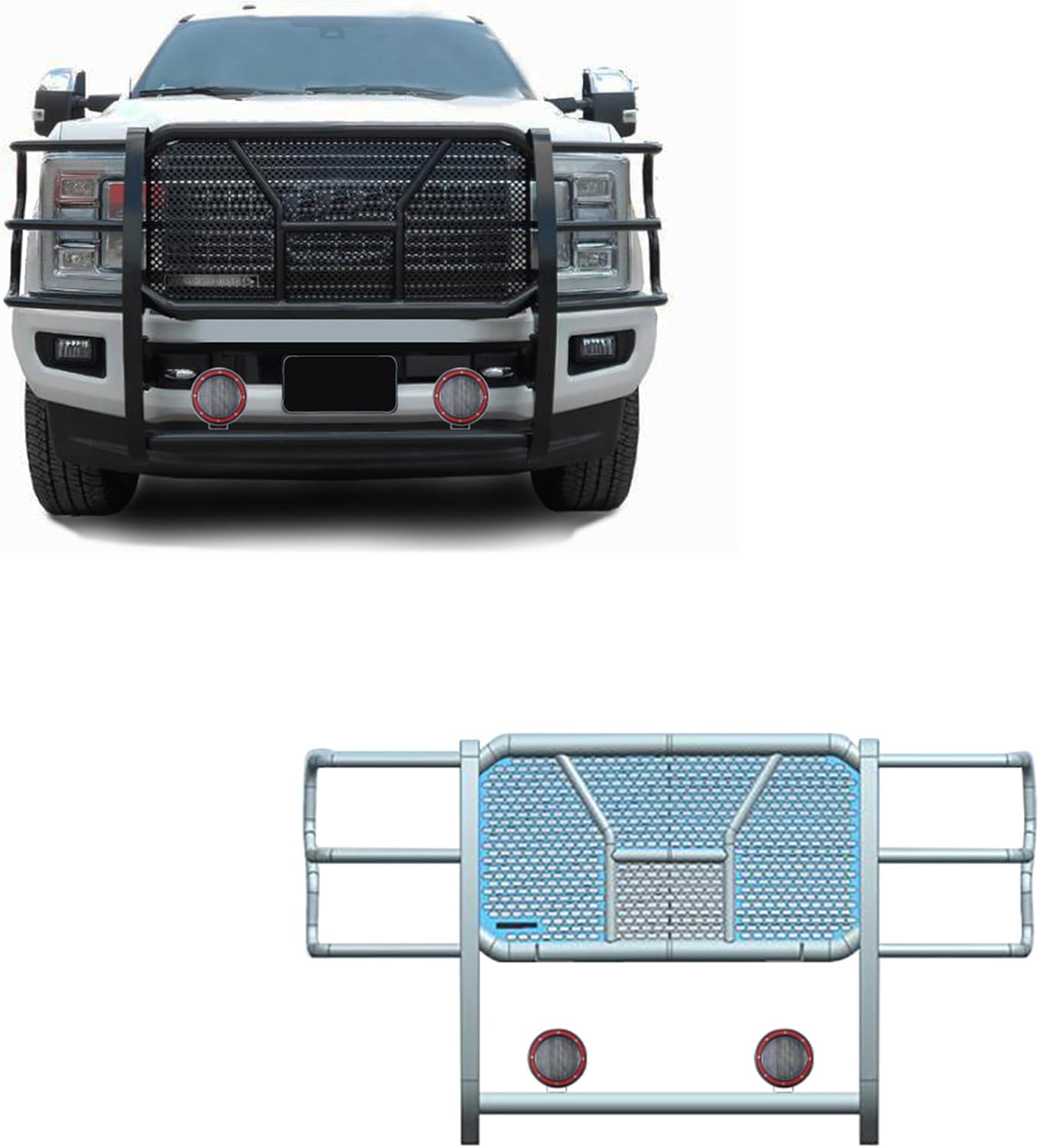 Black Horse RUGGED HD Grille Brush Bumper Guard Modular Black Come With Pair of 5.3"LED Light with Red Trim Ring Compatible with 2017-2022 Ford F-250/Ford F-350/Ford F-450/Ford F-550 Super Duty-B-PLFR