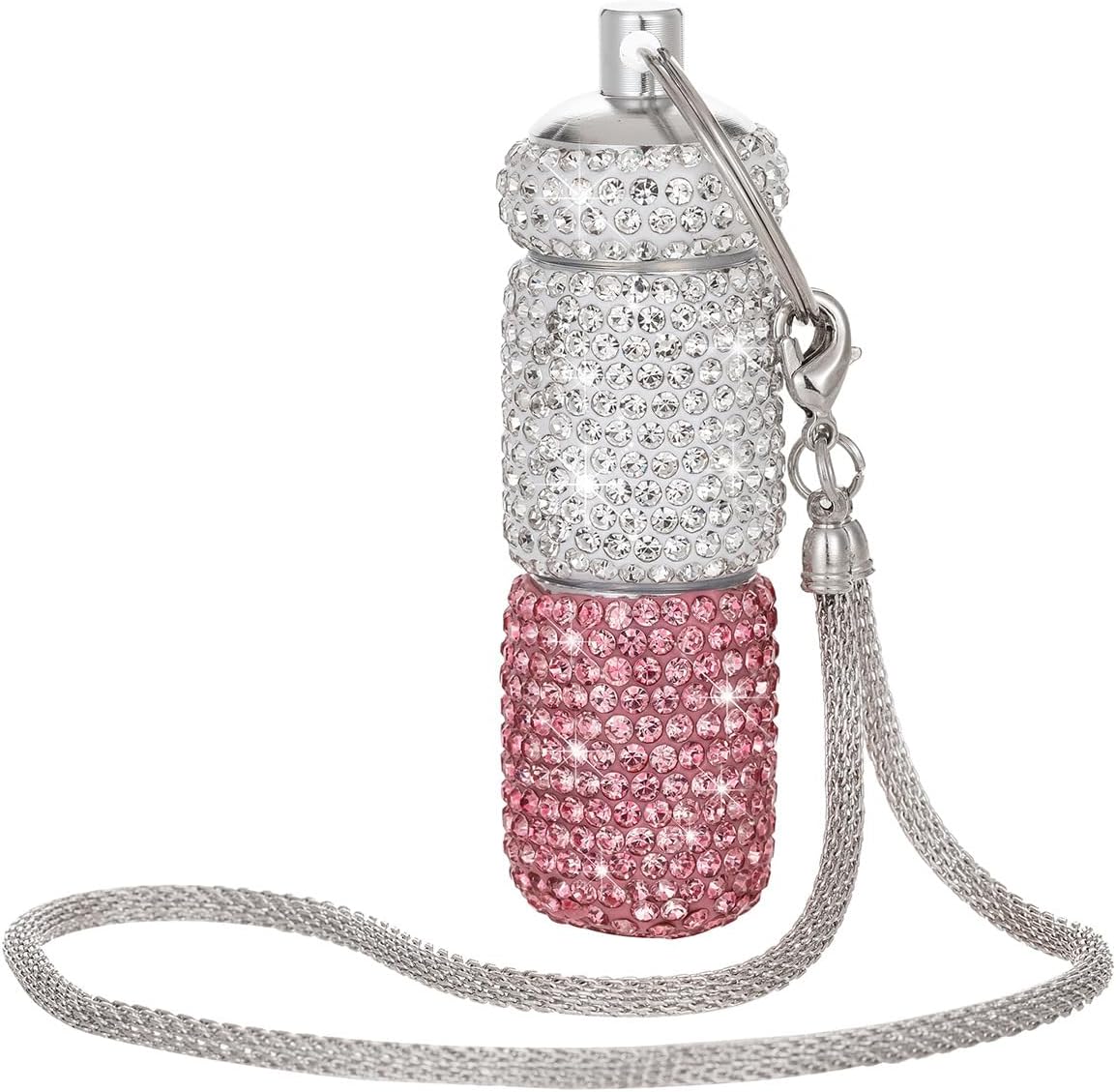 Dual-Compartment Small Pill Holder Keychain Bling Pill Container with Key Chain Travel Pill Organizer Medicine Box for Women (White+Pink)