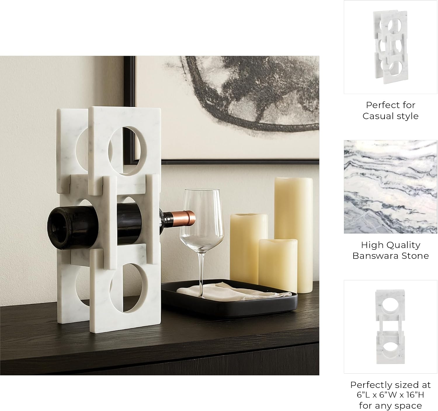 Decorative Marble Wine Holder for Home Decor - Modern Wine Bottle Rack Storage for Bar Accessory, Accent Table, or Cabinet Organizer - Decorative Wine Holder for Bar Cart or Dining Room - 17", White