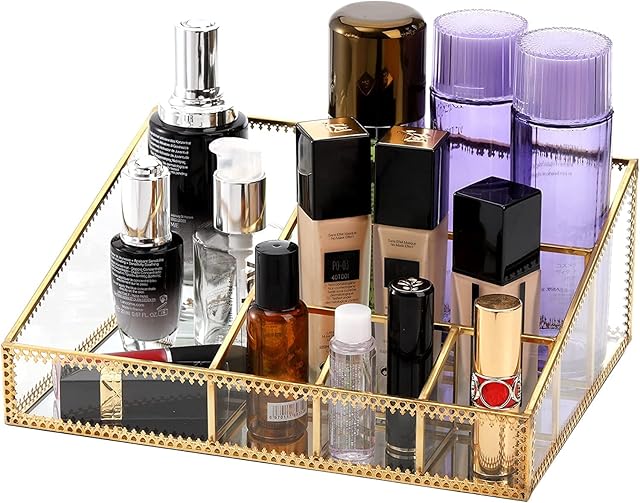 Jucoan Vintage Gold Makeup Organizer, Brass Metal and Glass Cosmetic Jewelry Display Case with 6 Compartment, Bathroom Vanity Dresser Countertop Makeup Holder for Brushes Lipsticks Skincare Toner