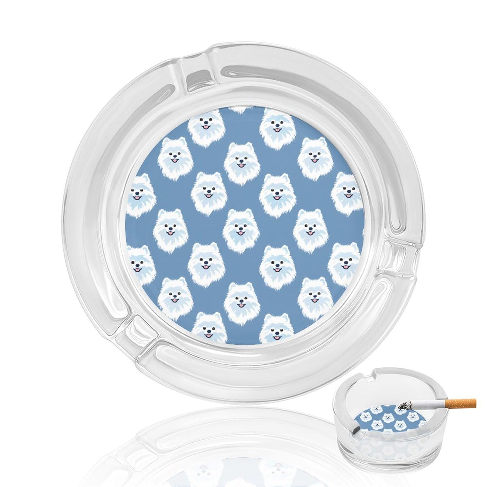 Funny Pomeranian Dog Ashtray Portable Round Glass Outdoor Ash Tray for Home Office Garden Pub
