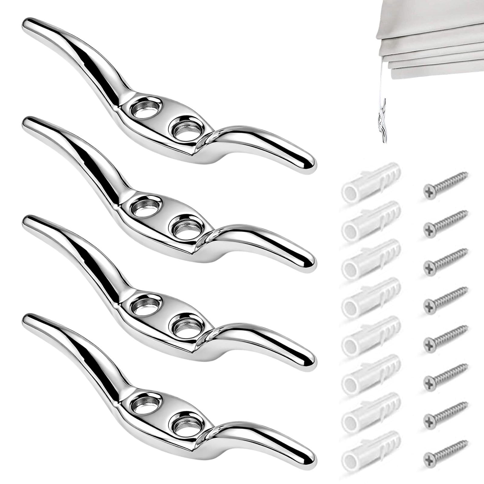 Mistillion 4 Pack Blind Cord Cleat Hooks, 66mm / 2.6 Inch Metal Rope Cleats with Screws, Heavy Duty Zinc Plated Cord Holder for Roman Blinds, Washing Line, Child Safety Wall Mount
