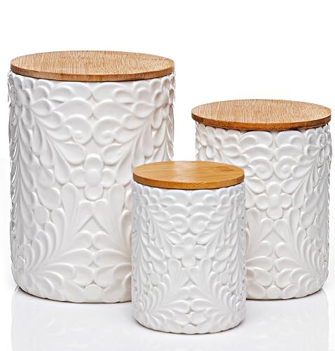 Engraved Design Kitchen Canisters Set of 3 with 74 Oz, 36 Oz, and 18 Oz