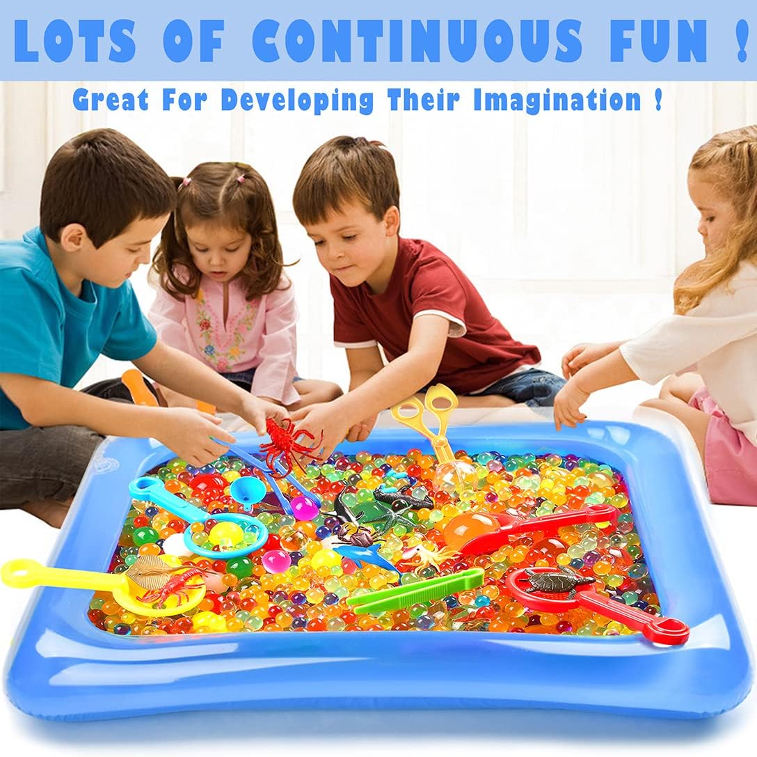 50000 PCS Non Toxic Water Beads Sensory Bin, 50PCS Large Water Beads, Sensory Bins for Toddlers with 8 Cups, 12PCS Ocean Toy, 1 Funnel, 3 Colander,10 Balloons and 4 Tweezers, Inflatable Water Mat