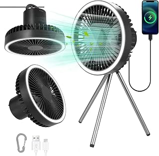 Portable Camping Fan, Desk Fan, Portable Fan with LED Light, 10000mAh USB Rechargeable with 3 Speeds Wind, Timer, Tripod, Silent Table Fan with Hook for Outdoor Camping Tent Desktop Office Home, Grey