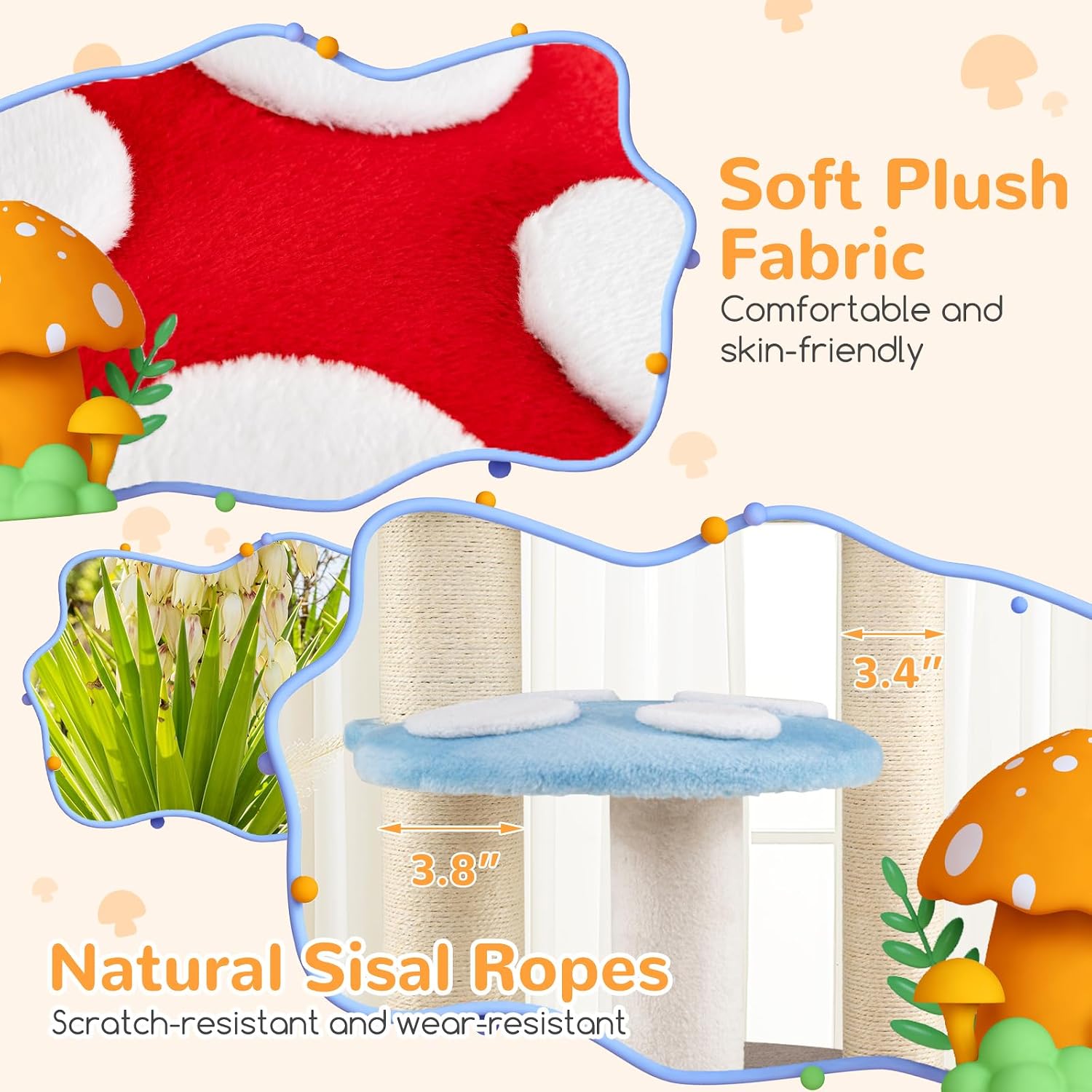 Tangkula Mushroom Cat Tree, 48 Inch Cute Cat Tower with Sisal Scratching Posts, Top Condo, Padded Platforms, Dangling Ball, Multi-Level Modern Cat Furniture, Activity Center for Indoor Cats