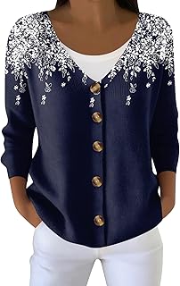 Cardigan for Women Lightweight Button Up V Neck Knit Cardigan Sweaters Fall Floral Print Comfy Long Sleeve Soft Clothe