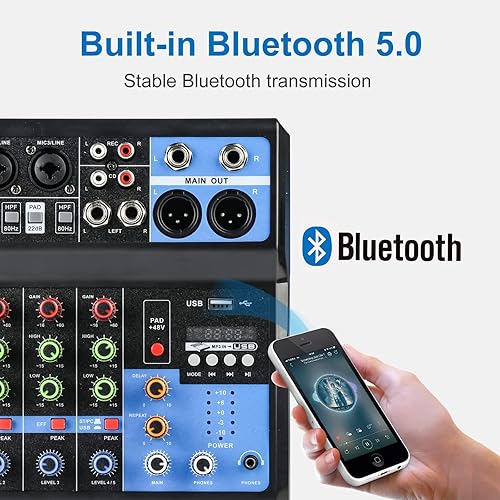 Miniatura 6 de Mezclador de audio DJ de 5 canales con Bluetooth, interfaz de audio USB con sonido Phantom Power de 48 V con efecto de retardo de reverberación FX
