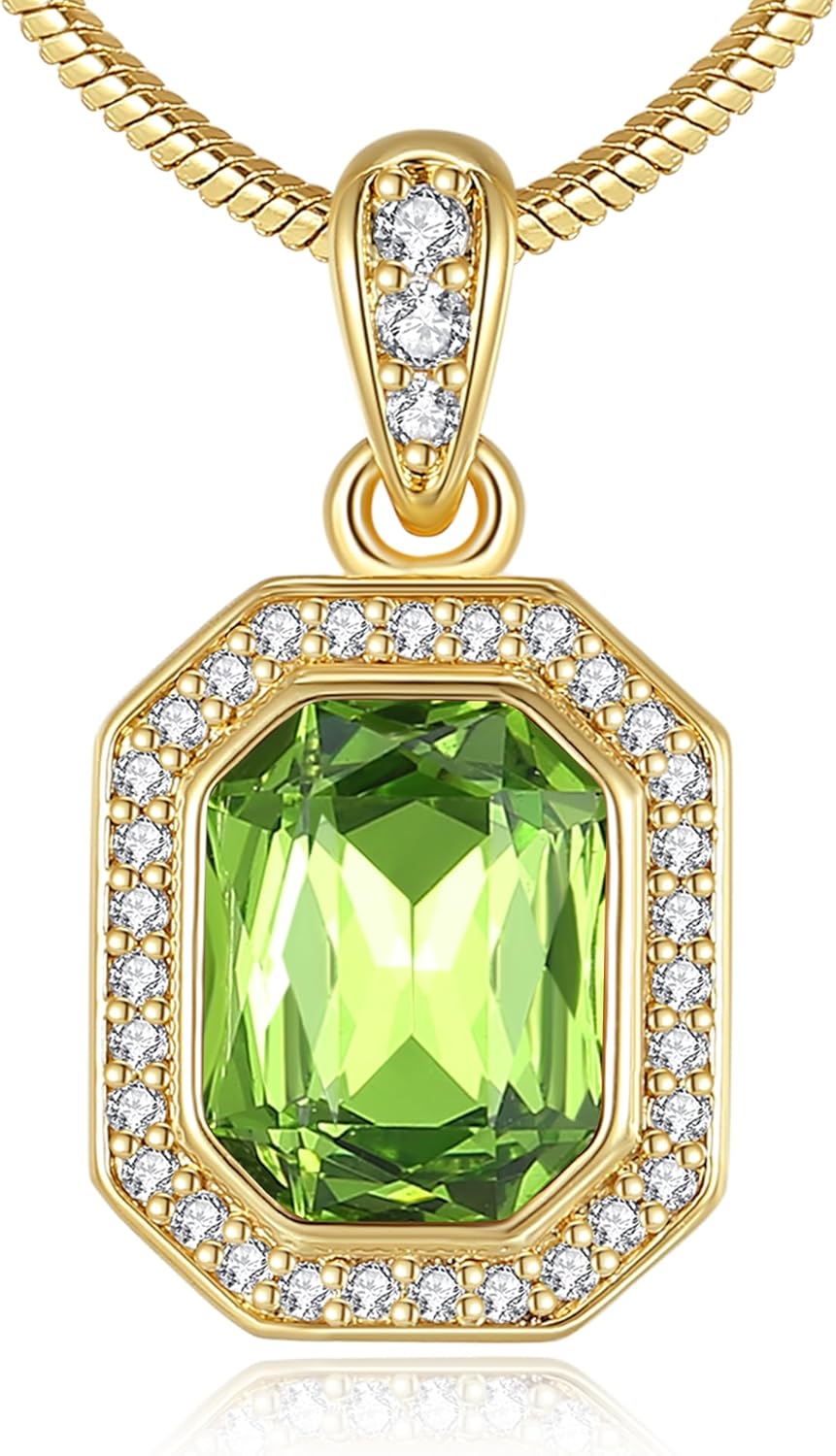Valentine's Day Gifts for Her 14K Plated Gold Necklace for Women Square Crystal Necklace with Snake Chain Gold Jewelry for Womens Birthday Gifts for Wife Birthstone Necklaces for Wife Jewelry for Girlfriend Gift for Anniversary Wedding Valentines Mother's Day