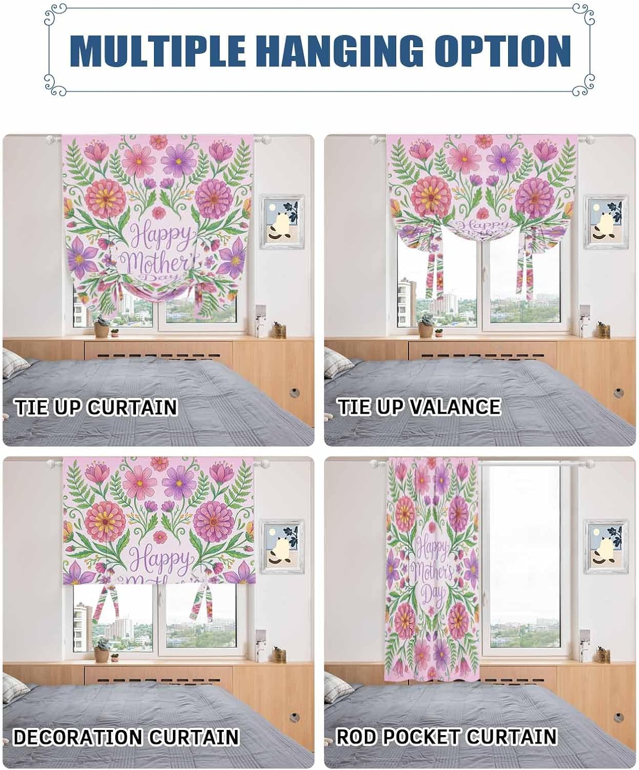 Tie Up Curtains for Windows, Happy Mother's Day Adjustable Balloon Nature Linen Textured Kitchen Curtain, Watercolor Flowers Floral Botanical Spring Thermal Insulated Curtains for Window, 42" x 54"