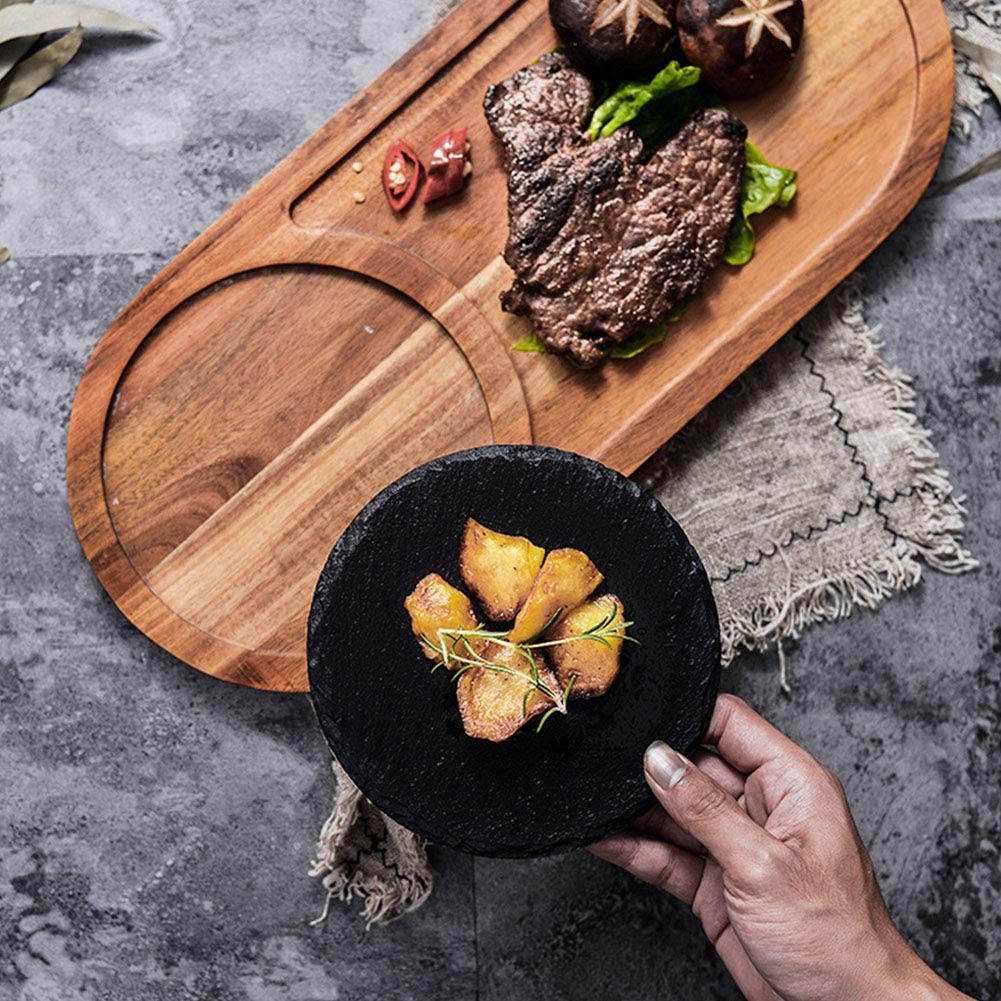 Platos para servir en madera y pizarra, bandeja para servir, plato de madera natural elegante y saludable, para pizza, sushi, filete ovalado con pizarra