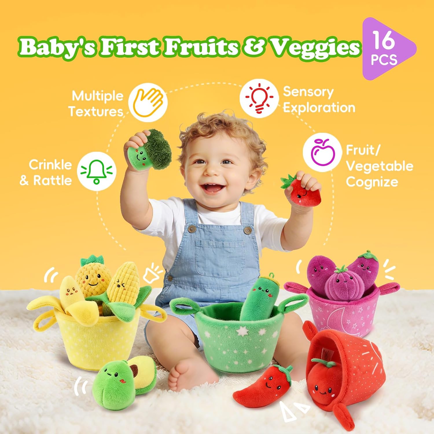 SAIMAND Baby Toys 6–12 Months, 16PCS My First Fruit Vegetable Sensory Toys for Babies Infants, Color Sorting Play Food with Crinkle & Rattle, Montessori Toys for 1 Year Old Toddlers Boys Girls