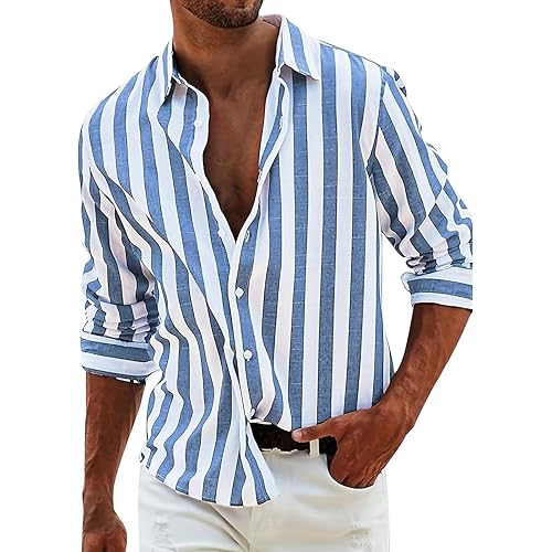 Striped Henley Shirt for Men, Long Sleeve Casual Button Down, Soft Cotton Top for Beach and Dress Wear