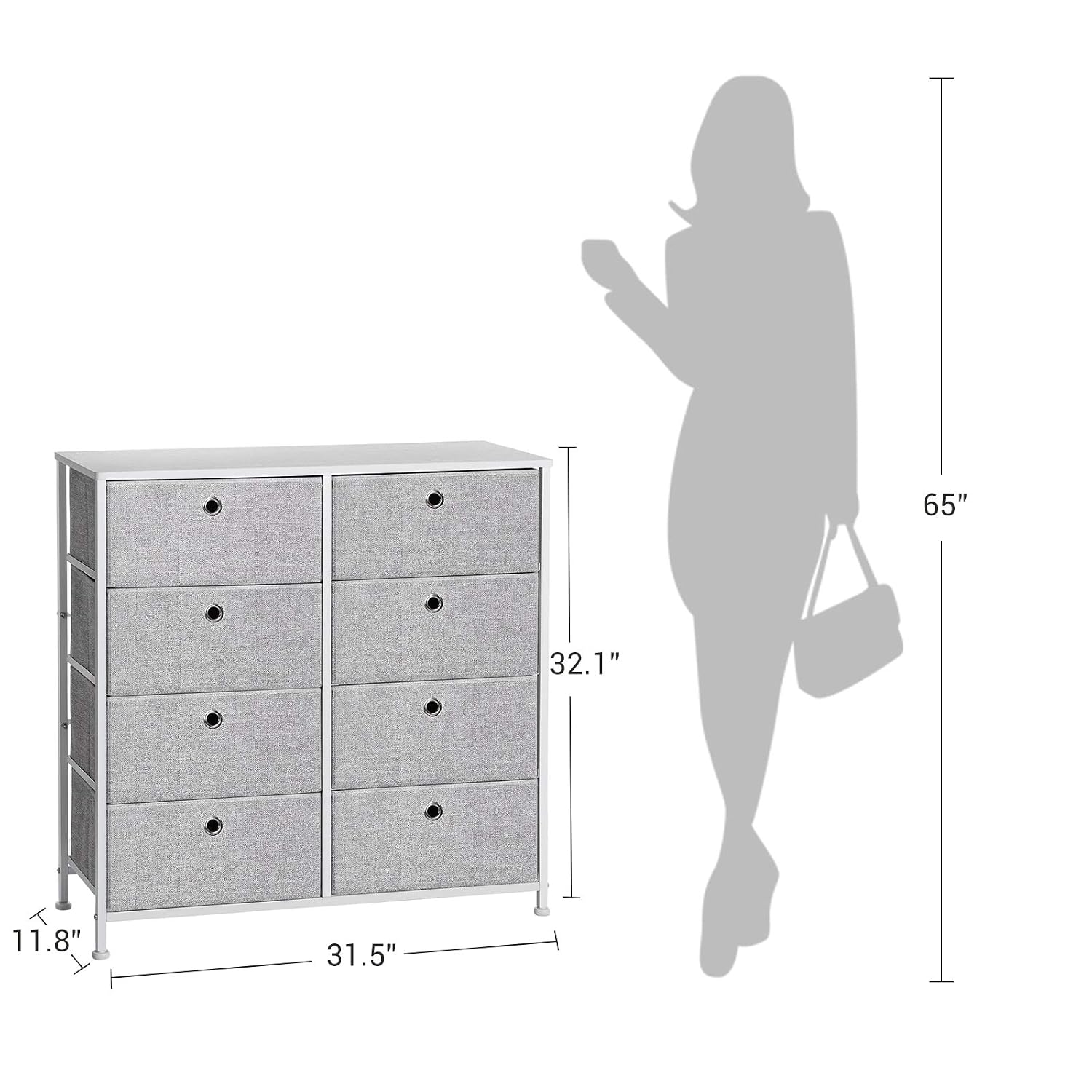 SONGMICS 4-Tier Storage Dresser with 8 Easy Pull Fabric Drawers and Wooden Tabletop for Closets, Nursery, Dorm Room, Light Gray and White ULTS24W