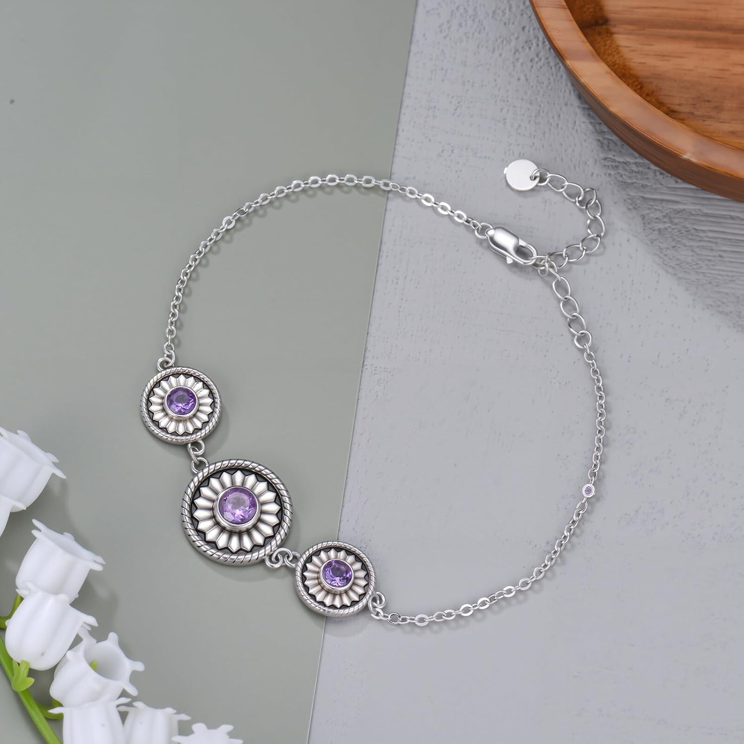 Natural Amethyst Healing Crystal Bracelet for Women 925 Sterling Silver Vintage Round Gemstone Birthstone Adjustable Extension Bracelets Jewelry for Mom Her