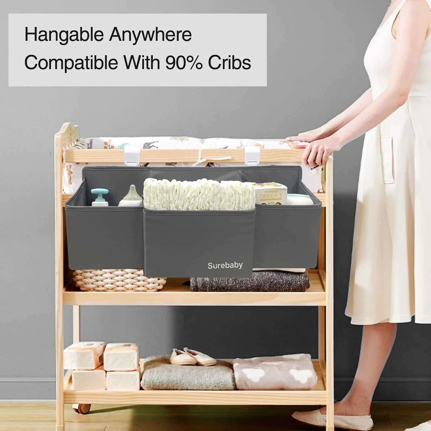 Hanging Baby Diaper Caddy, 3-in-1 Diaper Caddy Organizer Holder For Baby Crib, Nursery Organization Diaper Stacker Storage For Crib, Changing Table-Grey - Image 5