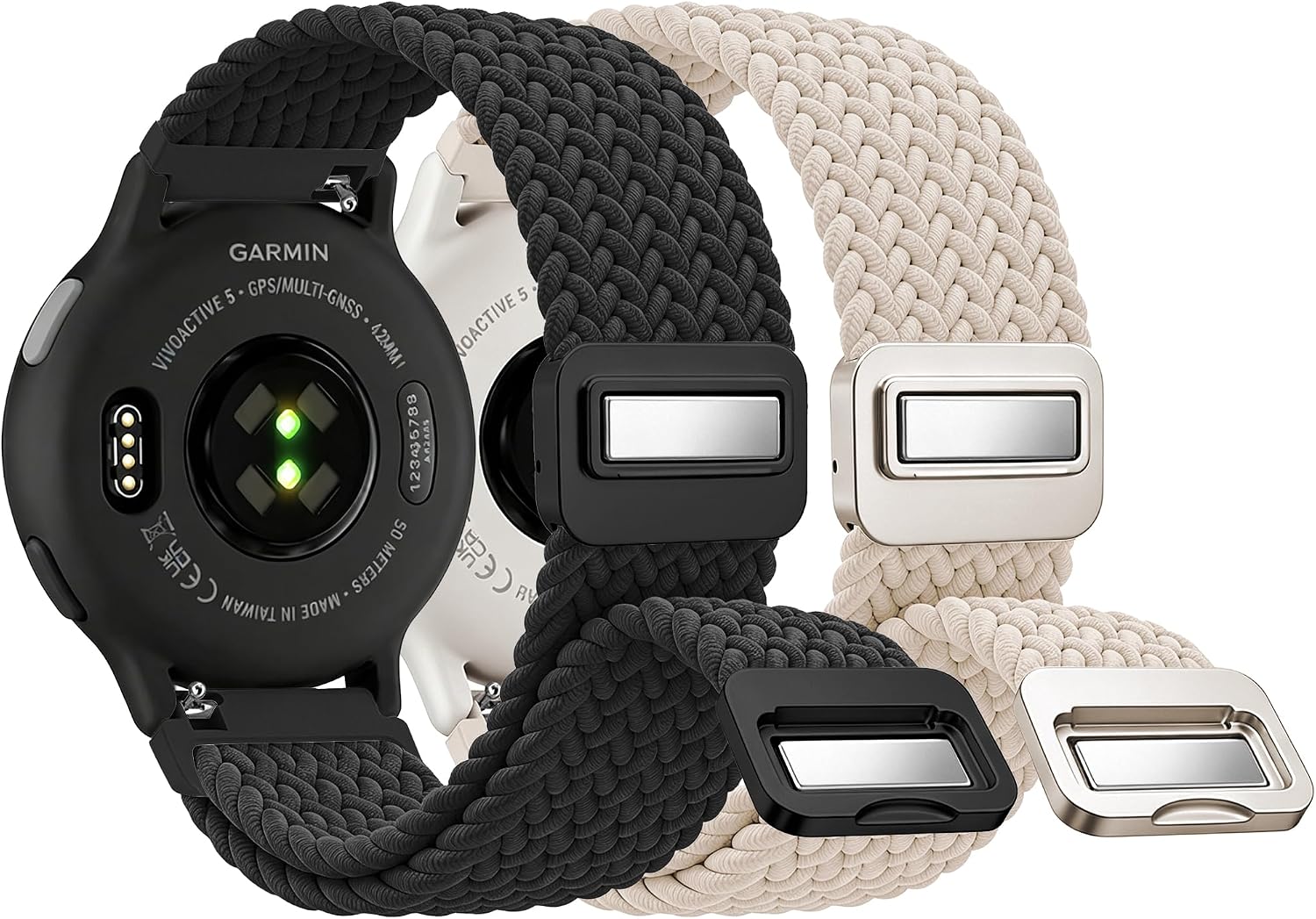 2 Pack Braided Magnetic Nylon Band Compatible with Garmin Vivoactive 5/6/3, Forerunner 165/245/55, 20mm Soft Nylon Solo Loop Magnetic Sport Strap for Venu 2 Plus/Venu Sq/Sq 2 Women Men