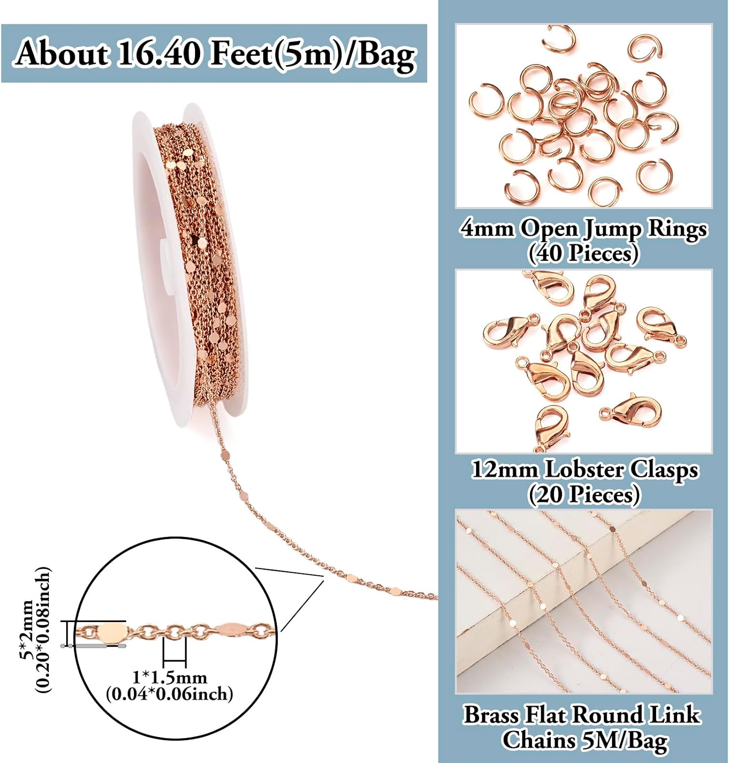 Pandahall Rose Gold Sqequin Chains 16.4 Feet Flat Round Oval Link Chains Soldered Jewelry Chains with Jump Rings Lobster Claw Clasps for Bracelet Necklace Jewelry Making - Image 4