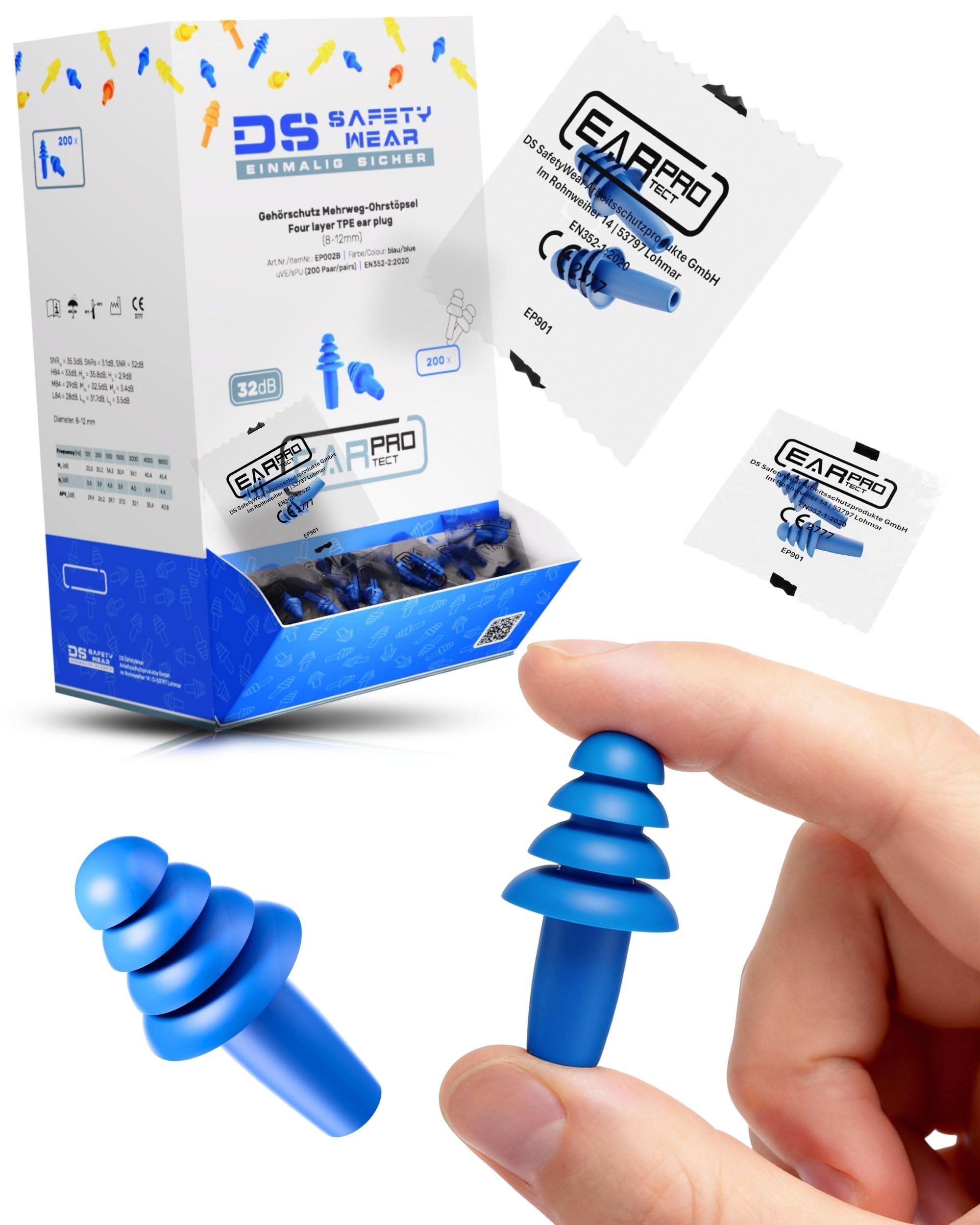 Paire de bouchons d'oreilles réutilisables et détectables bleus avec cordon en tissu SNR 32 dB – Métal détectable pour l'industrie alimentaire – Protection contre le bruit réutilisable – Protection
