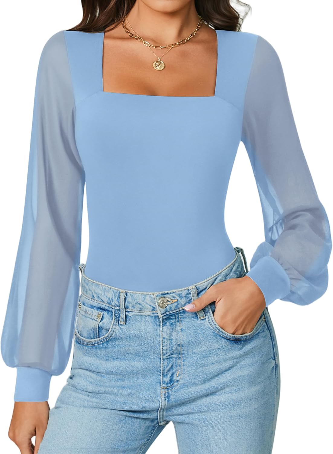 Avidlove Women Puff Long Sleeve Bodysuit Mesh Square Neck Thong Sexy Body Suits Double Lined Leotards - Image 2