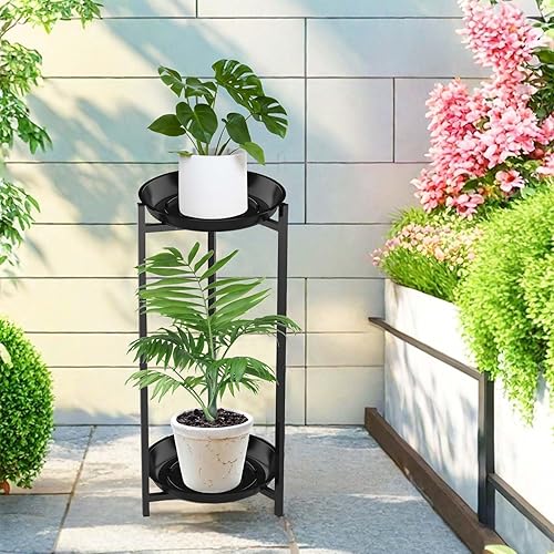 Miniatura 4 de Soporte de metal para plantas de 2 niveles para interiores, estante alto redondo de esquina negra para múltiples plantas al aire libre, soporte para