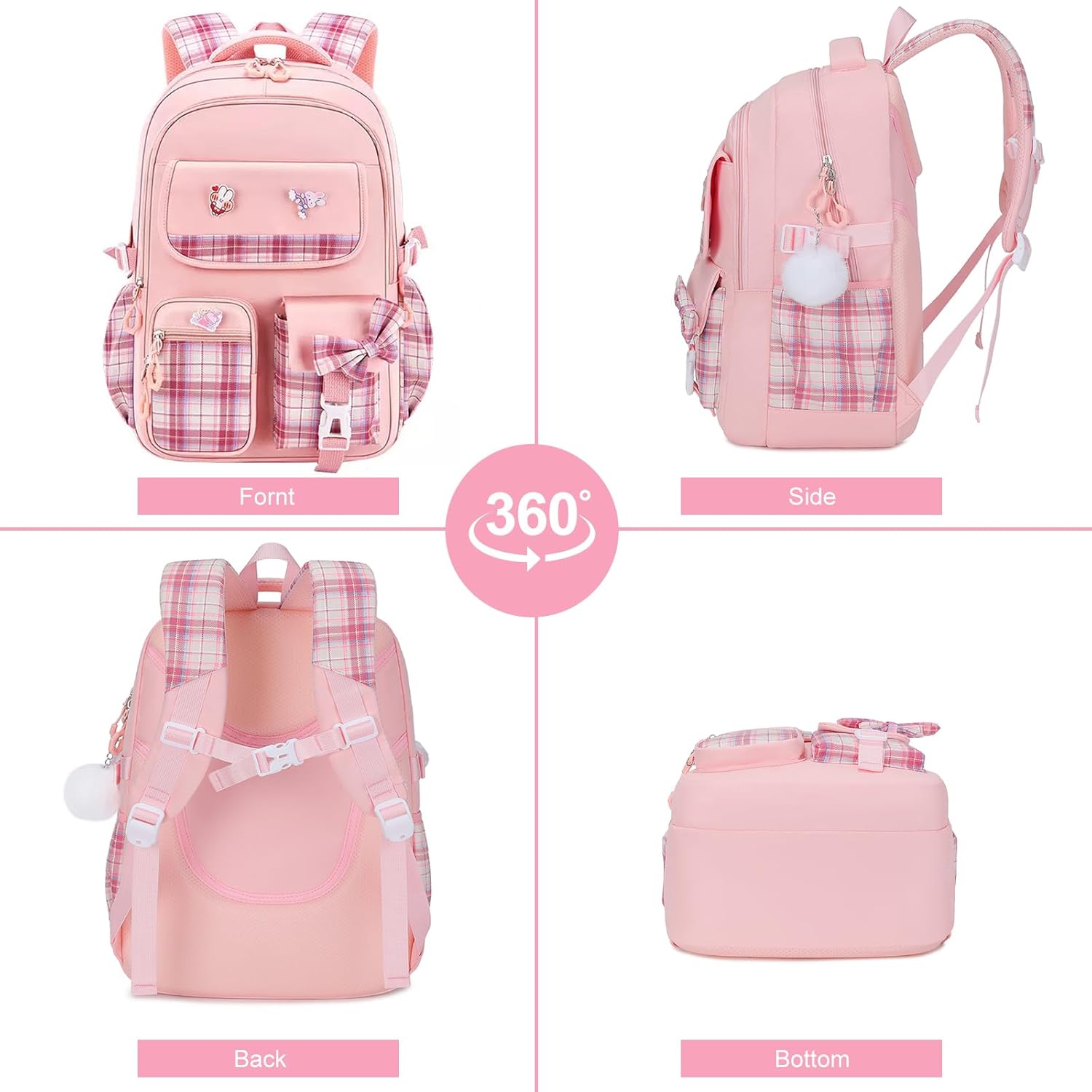 Girls Backpack - 3PCS Backpack for Girls Cute School Backpacks for girls with Lunch Box Pencil Case Cute Kids Teens Bookbag for Kindergarten Elementary Preschool Middle (Pink)