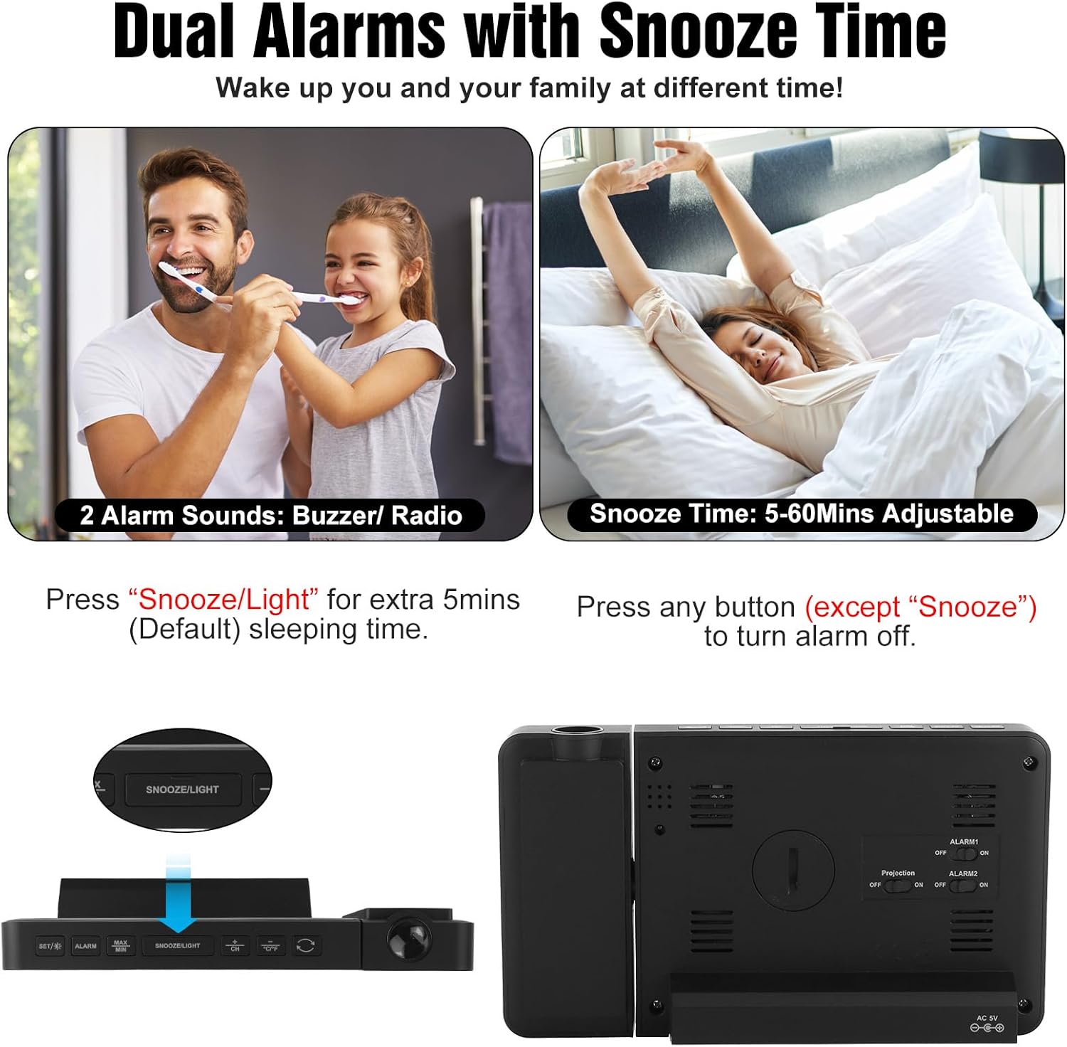 Projection Alarm Clock with Weather Station, Atomic Alarm Clocks for Bedrooms, Radio Control Clock with WWVB Function Dual Alarms Snooze Outdoor Wireless Temperature Humidity Sensor