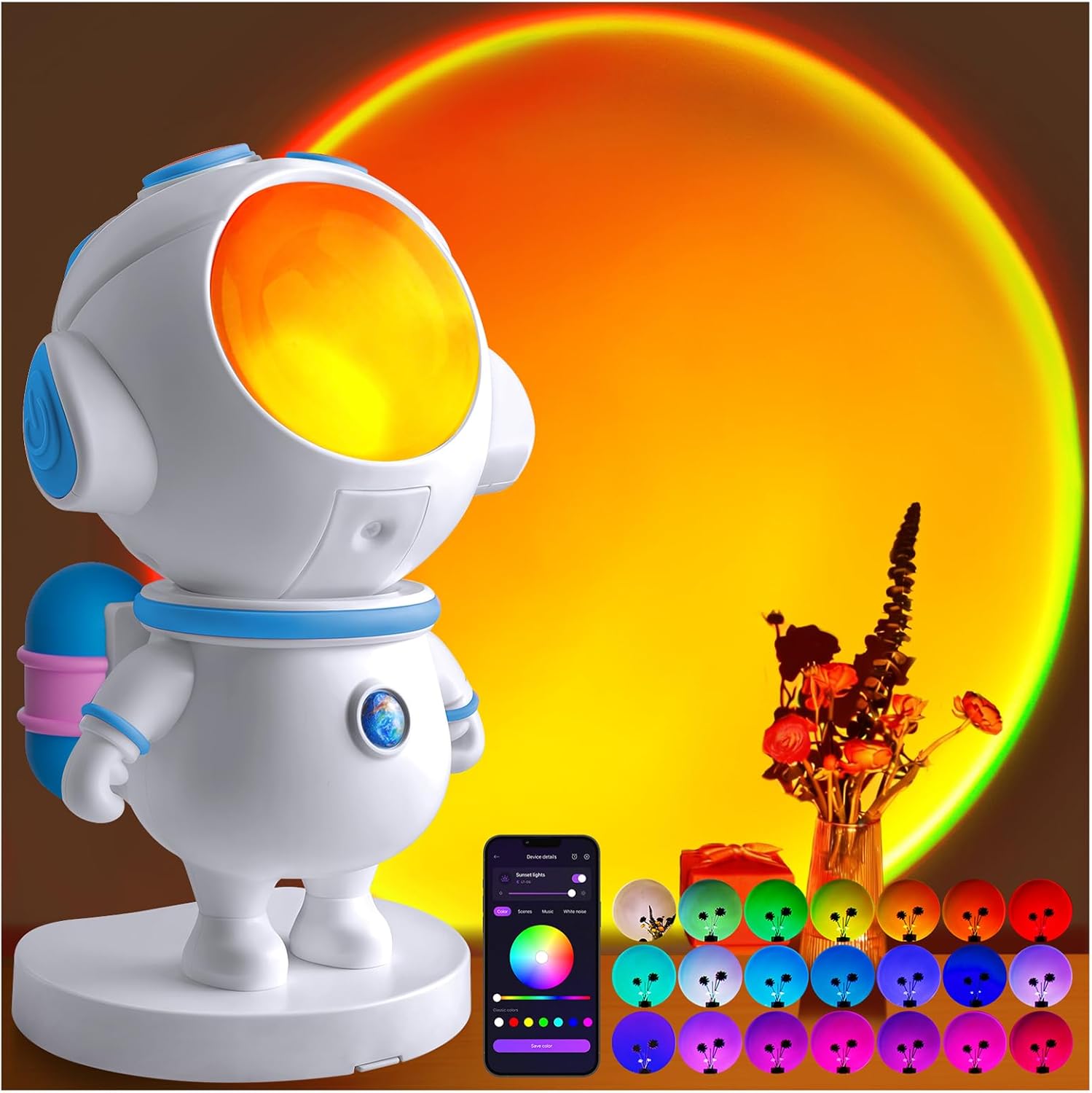 XEBKOR Astronaut Sunset Lamp Projector - 720° Magnetic Rotating RGB LED Night Light, 16M Colors Smart APP Control, Aesthetic Room Decor & Mood Lighting, Unique Space Gifts for Kids Teen Girls Adults