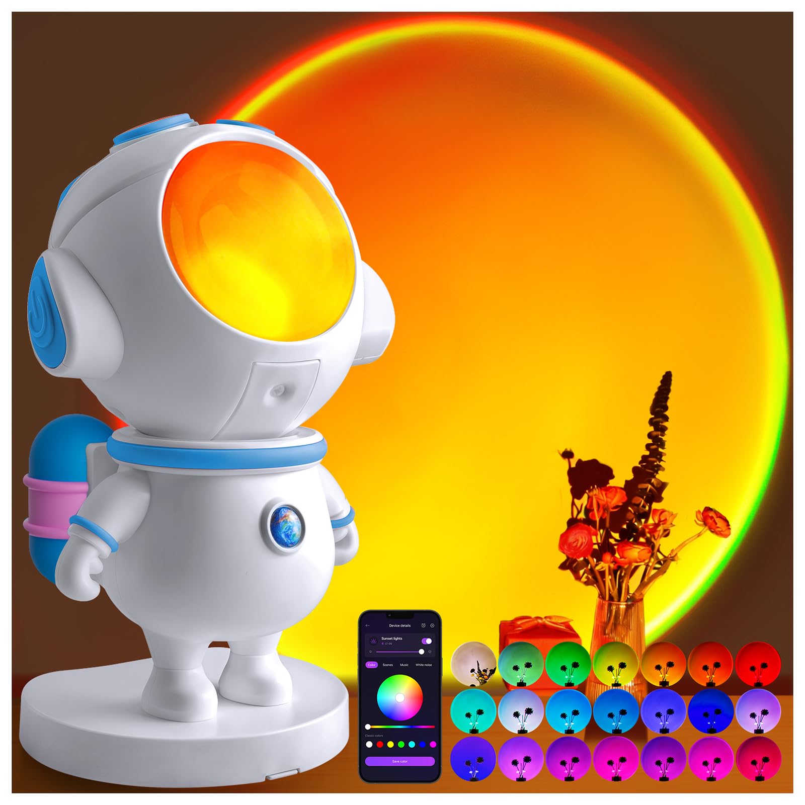 【4個】EXPLORE ワイヤレスLEDライト 400mm 3000K 電球色 XEBKOR Astronaut Sunset Lamp Projector - 720° Magnetic Rotating
