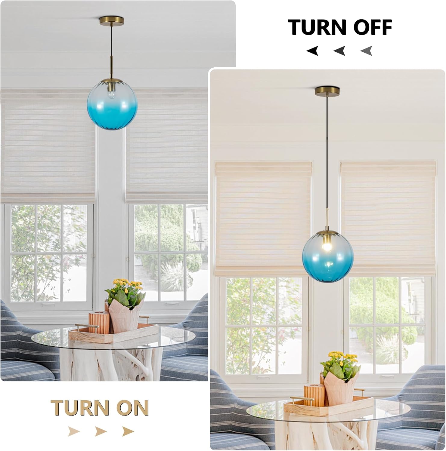 KCO Lighting Blue Glass Pendant Lights Large Globe Hanging Light Modern Gold Kitchen Pendant Lighting Over Island