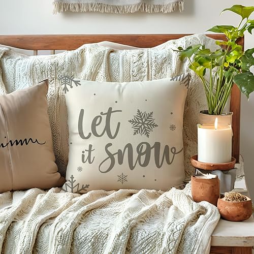 Miniatura 8 de Juego de 2 fundas de almohada decorativas de invierno verde de 18 x 18 pulgadas, decoraciones navideñas de granja, copos de nieveLet It Snow para