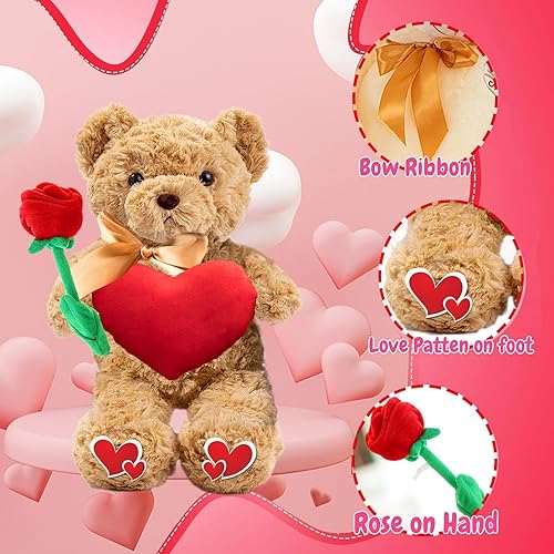 Miniatura 3 de Oso de peluche de San Valentín con corazón, lazo y rosa como regalo personalizado para ella con bolsa de regalo de San Valentín, oso de peluche con