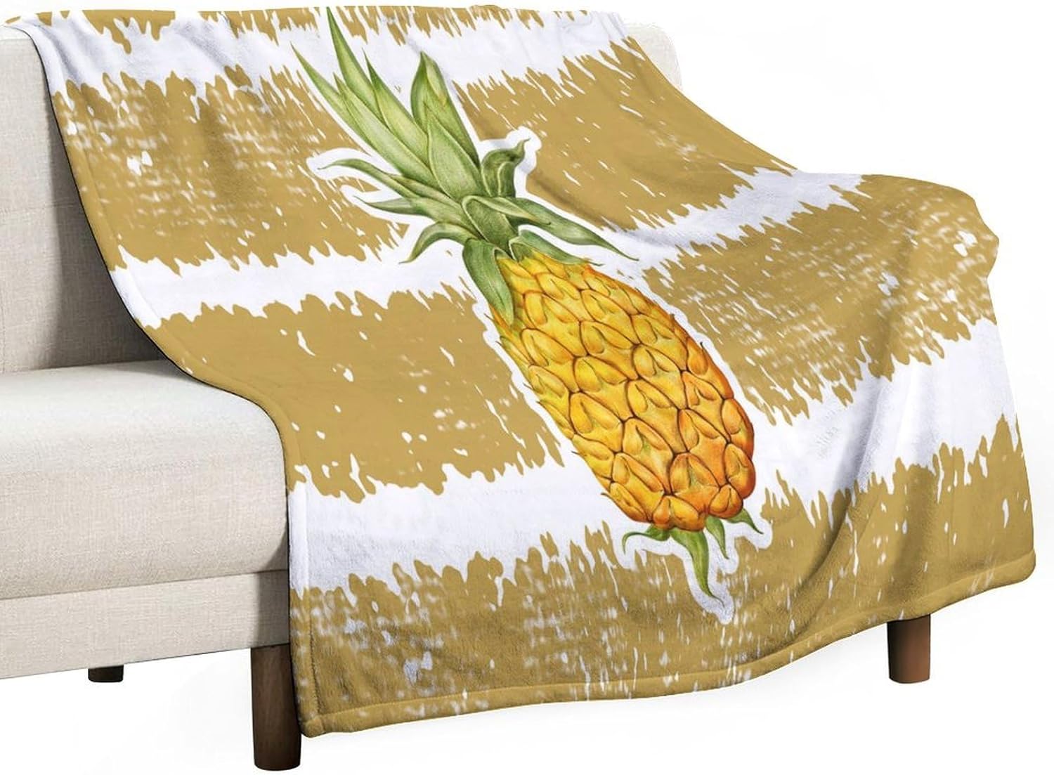 Warm Lightweight Pineapple Yellow and White Stripes Fleece Throw Blanket Tropical Island Style Personalized Blanket Cozy Decor for Wife Husband Girlfriend Boyfriend 60"x80"