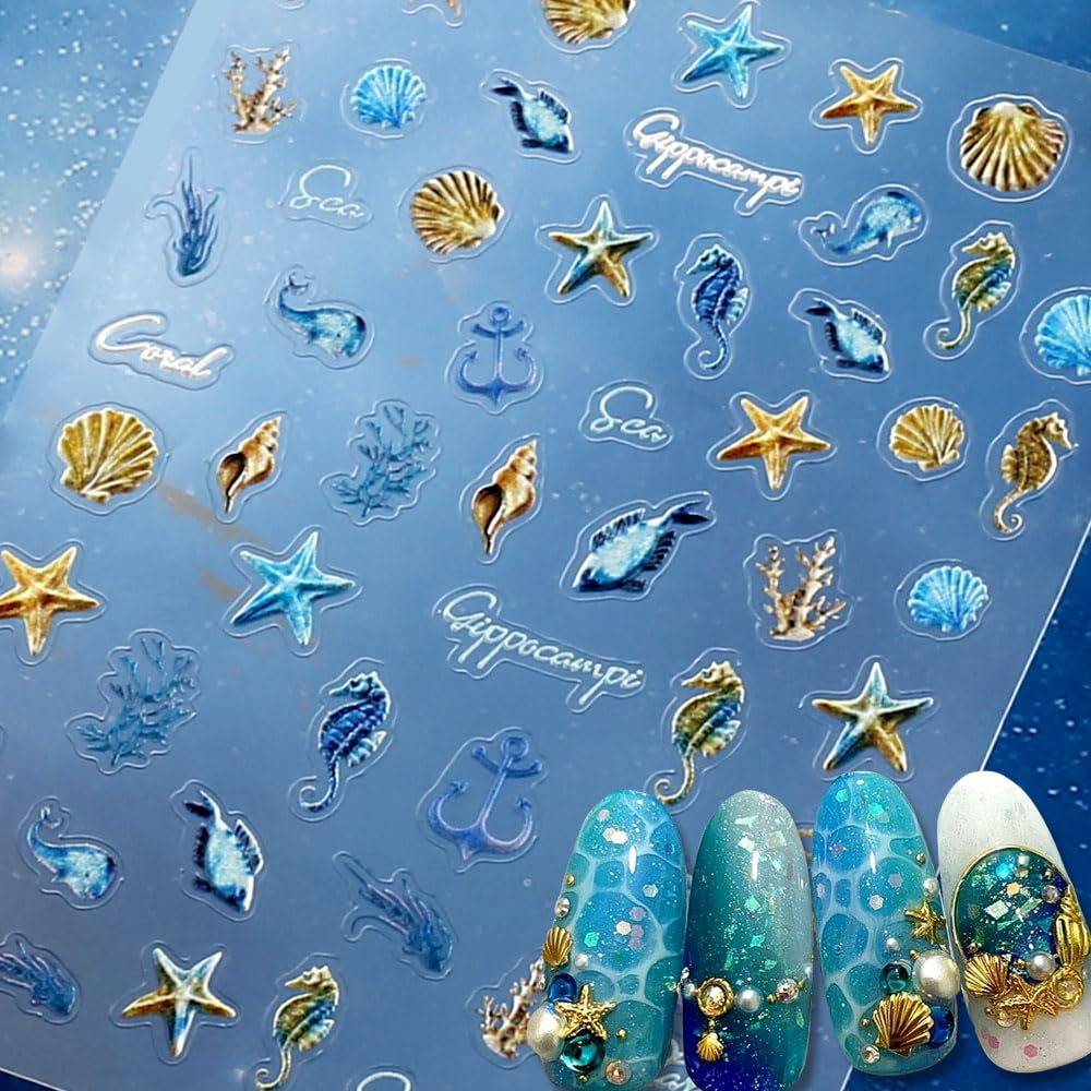 5D Blue Ocean Nail Art Stickers Summer Nail Stickers for Nail Art Supplies Embossed Starfishes Seashells Sea Animals Nail Decals Ocean Stickers for
