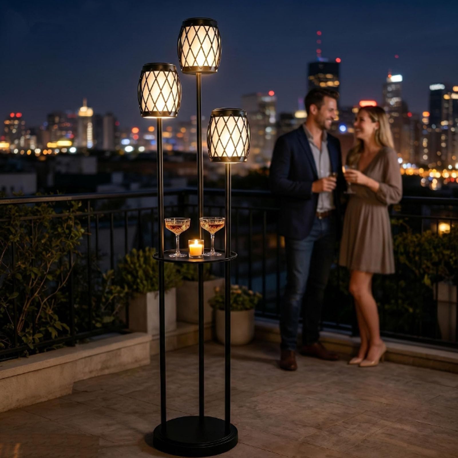 Lámpara solar de pie para exteriores, 3 cabezales, impermeable, de metal, poste con maceta y estantes, resistente al óxido, para todo tipo de clima, lámpara de pie para patio, terraza, jardín